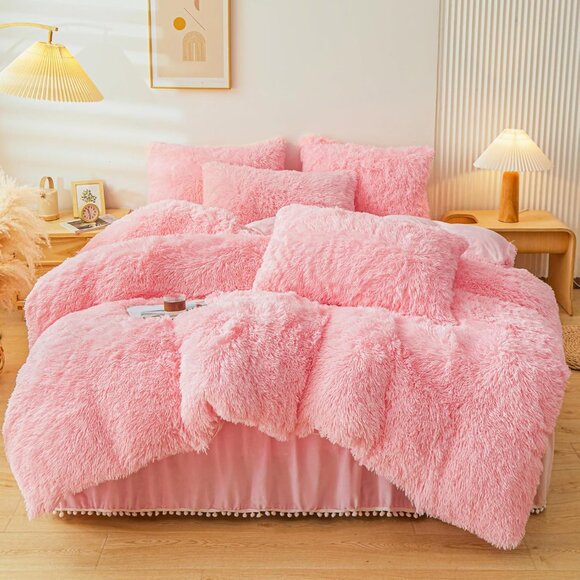 Fluffy Pink Faux Fur Comforter Cover Set，Fuzzy Plush Bedding 3Pcs 1 Faux Fur Duv - Picture 1 of 9